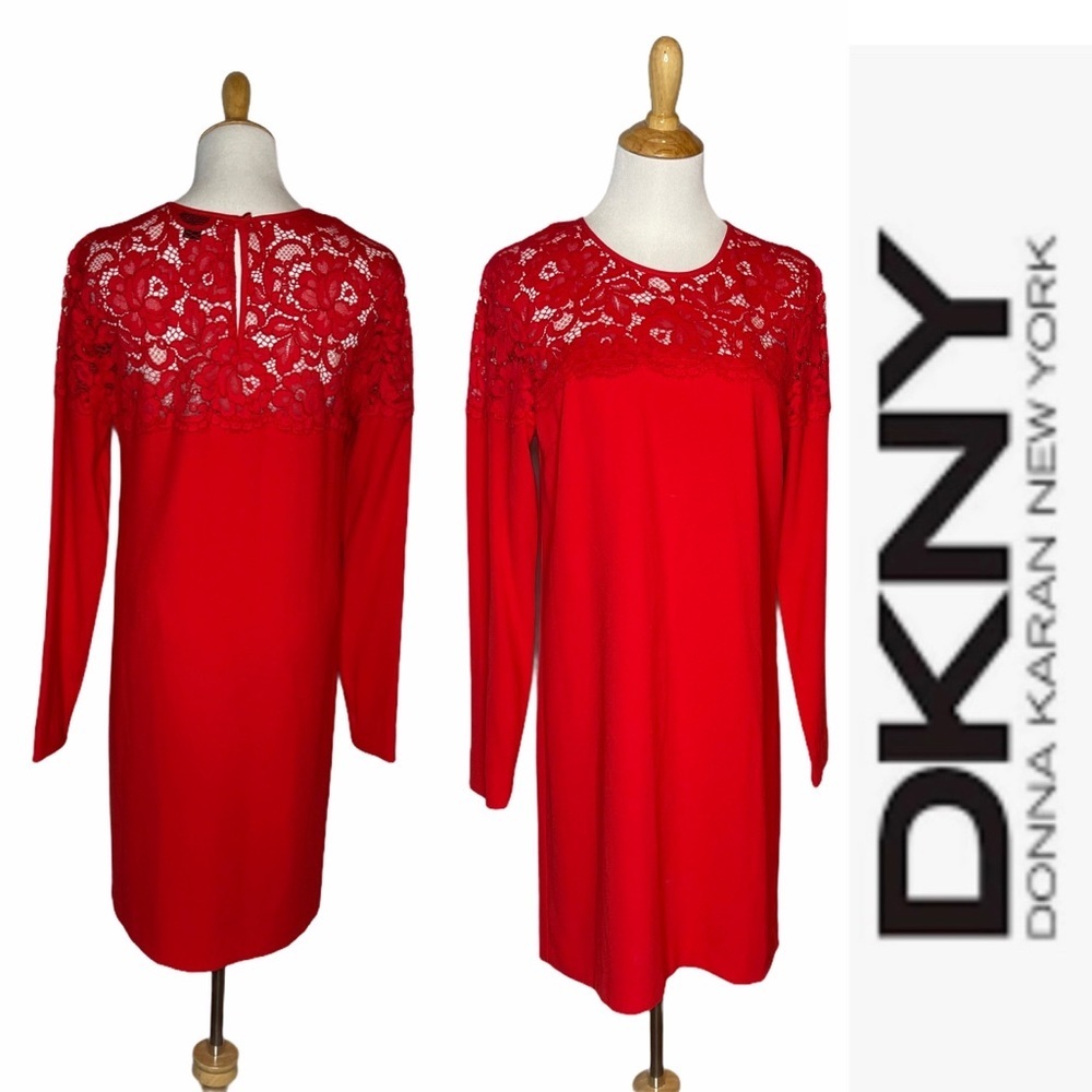 DKNY Red Long Sleeve Lace Sheath Dress 6